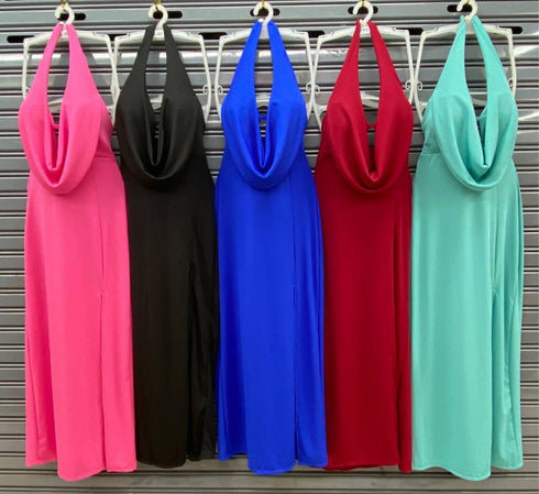 Stylist Backless Halter Neck Cowl Neckline Long Side Slit Dress